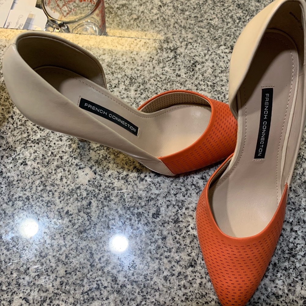 Orange and tan split high heels